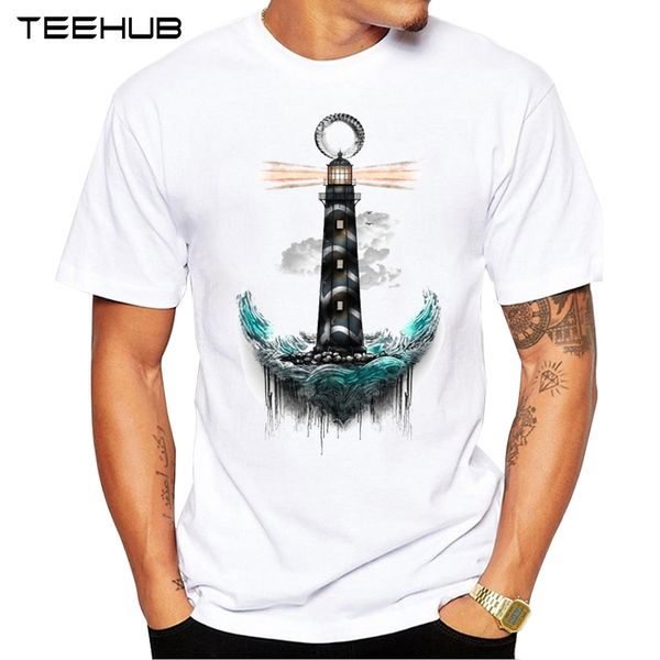 

teehub new summer fashion creative lighthouse printed t-shirt short sleeve popular design novelty t shirt, White;black