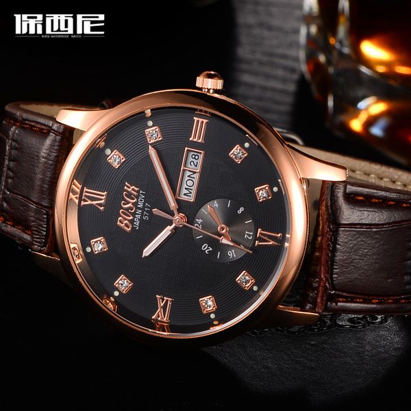 

bosck relogio masculino fashion montre homme reloj hombre quartz-watch men watch leather wristwatches men watches business clock, Slivery;brown