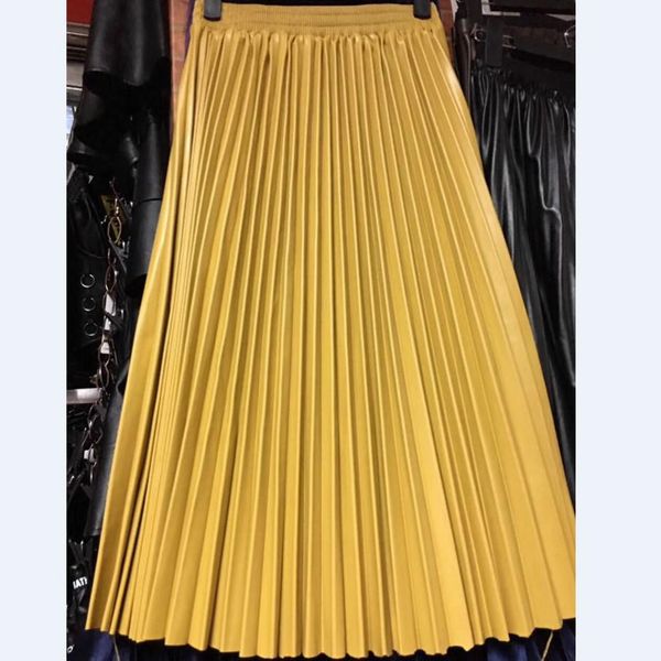 

pu accordion pleated skirt autumn & winter new style leather skirt high waist faldas largas elegantes 2017, Black