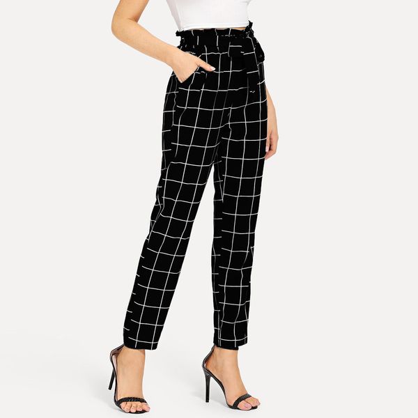 

women new summer autumn pencil pants split ankle-length pants casual elastic waist lattice trousers casual female trousers, Black;white