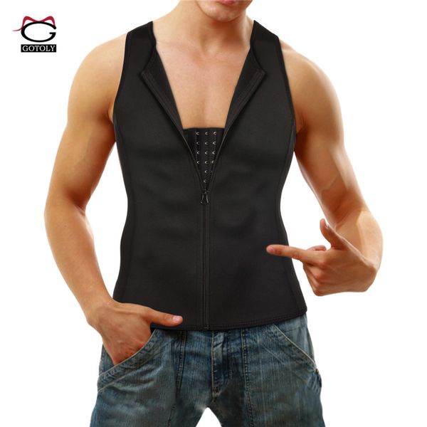 

gotoly men compression shirt for body slimming tank shaper tight undershirt tummy control sauna sweat vest with zipper hooks, Black;brown