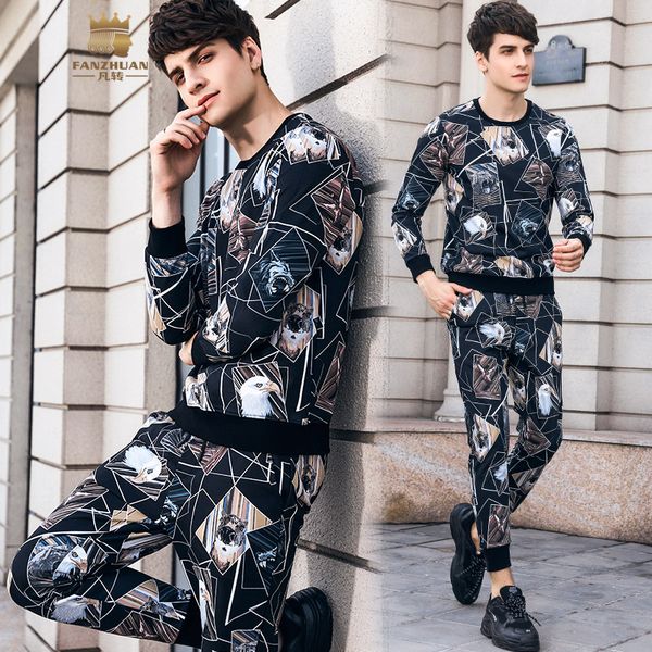 

fanzhuan new winter casual 2018 male men's man long sleeved printed sweatershirt pants trousers 2 piece set 821017, Gray