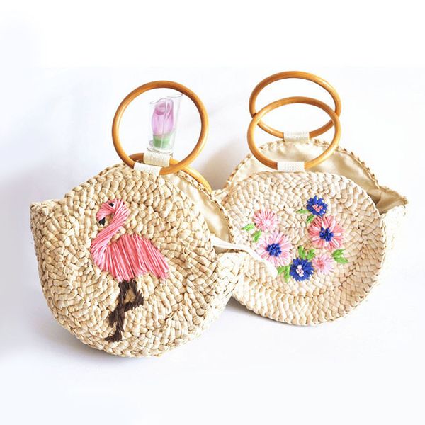 

ротанга кольцо ручка соломы мешок вышитые фламинго цветок кукурузы тканые сумки
