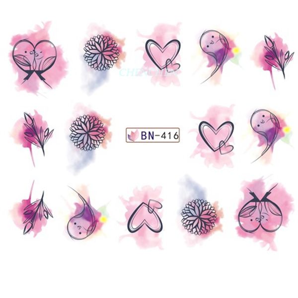 

water sticker for nail art decoration sliders pink heart birds dandelion ink adhesive nail design decal manicure lacquer polish, Black