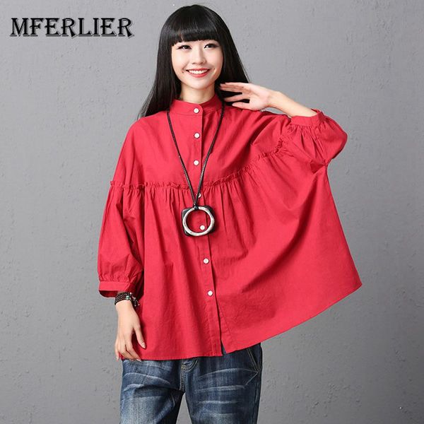 

mferlier summer cotton linen blusas feminina solid stand collar pleated front batwing sleeve loose casual women blouses, White