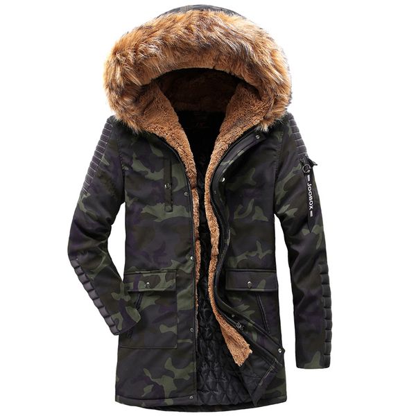 

winter long camouflage coat men fur collar hooded thick warm overcoat men's winter windbreaker jacket parka fashion clothes, Black