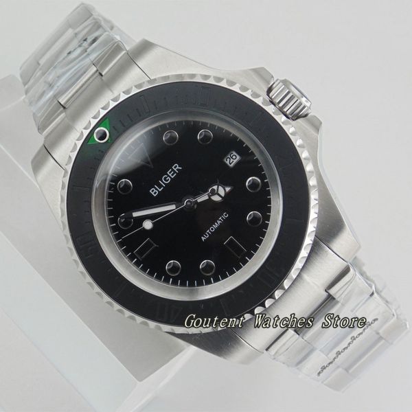 

43mm bliger date ss. case black dial ceramic bezel automatic men's watch, Slivery;brown