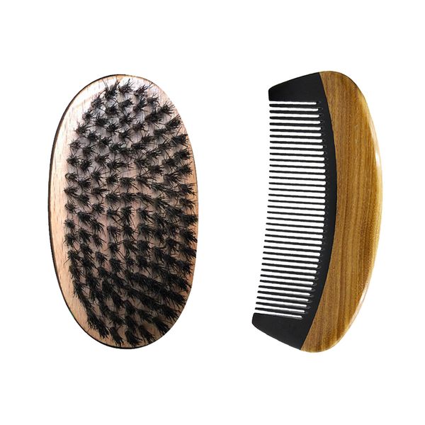 

hair brush and comb kit for men grooming, wholesale supplie pocket green sandalwood comb boar bristle hair brush salon haircut fade combover