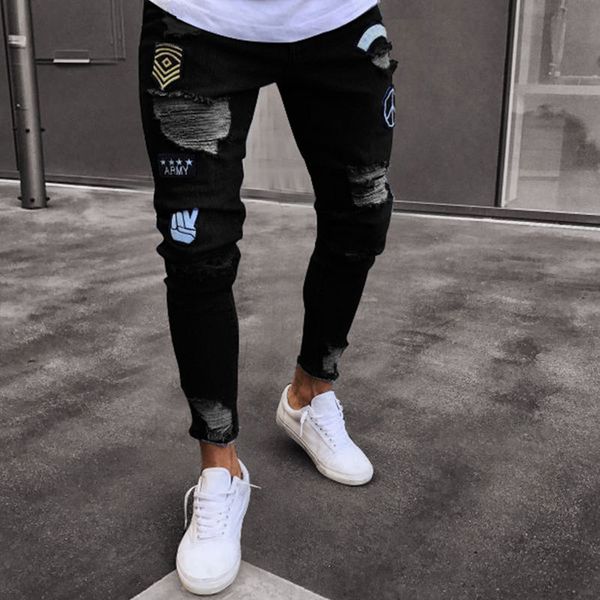 

new 2018 men's hole embroidered jeans slim men trousers casual thin summer denim pants classic cowboys young man black blue