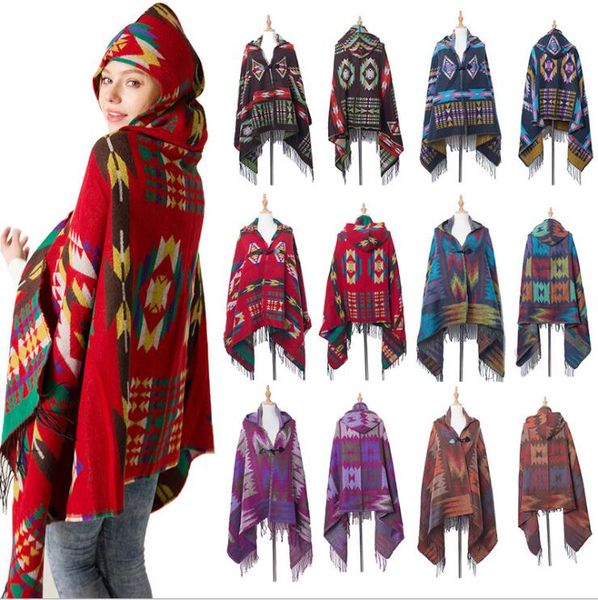 O novo chifre de inverno botão nacional cap vento xale manto Bohemia estilo folk mulheres com capuz cachecol capa