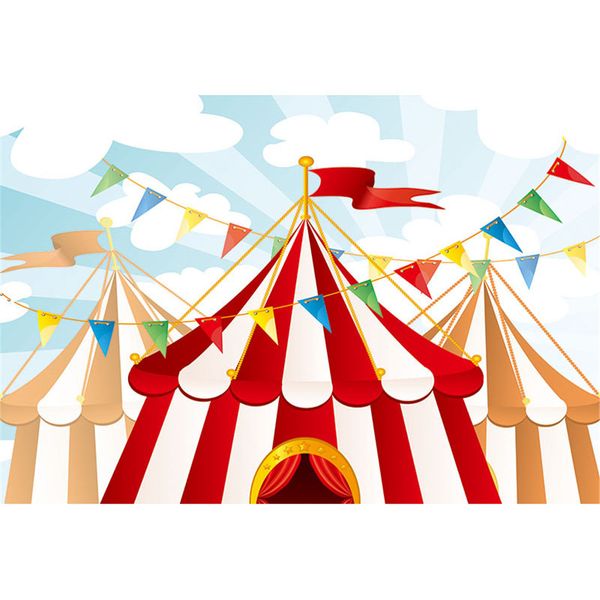 Baby Kids Circus Tema Festa di compleanno Sfondo Fotografia Bandiere stampate Blue Sky Cloud Bambini Cartoon Photo Studio Background