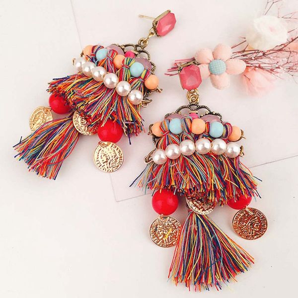 

new arrival colorful long tassel earrings metal alloy simulated-pearl stud earrings vintage statement women jewelry popular gift, Silver
