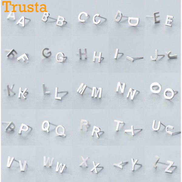 

trusta 2018 100% 925 solid real sterling silver a~z 26 english letters stud earring for women creative fashion jewelry ds928, Golden;silver