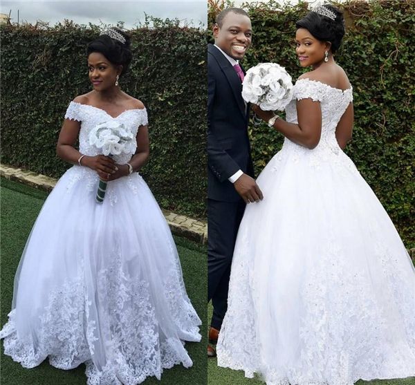

off shoulder beaded lace ball gown wedding dresses plus size african black girls sequined applique custom bridal gowns, White