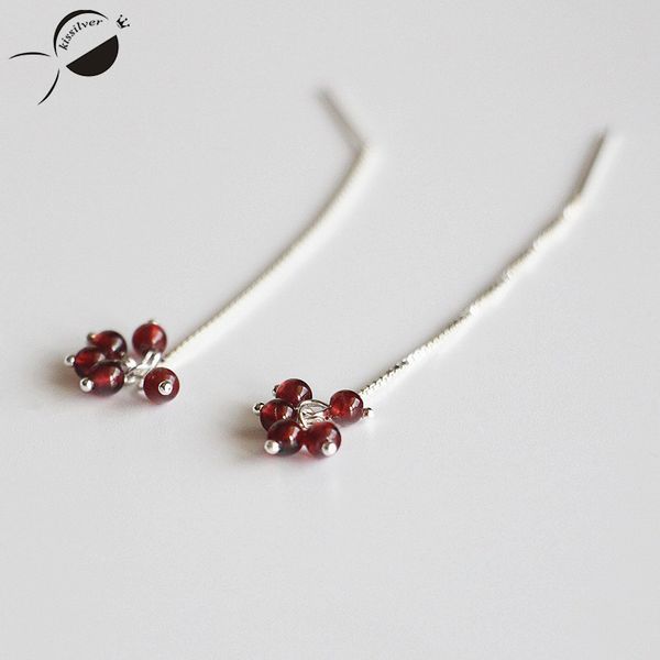 

silver 925 jewelry ear line drop earrings red natural garnet long tassels dangle earrings 2017 female drop for women, Golden;silver