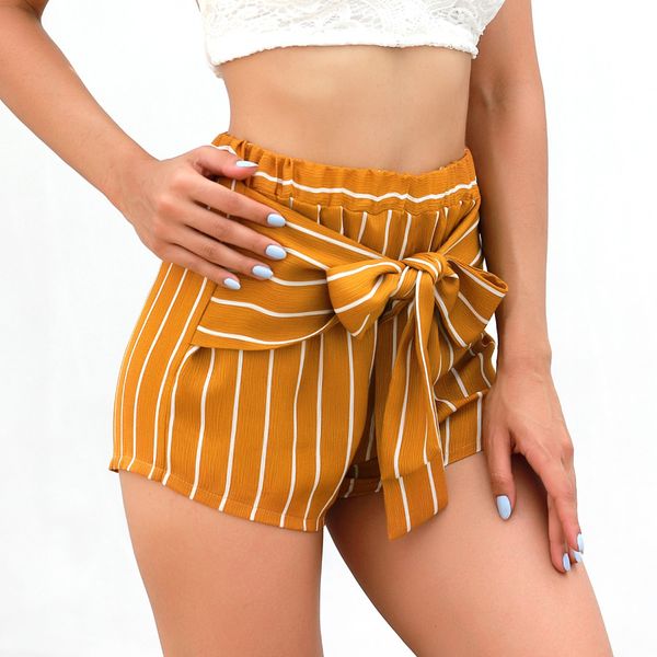 

2018 summer casual shorts bow vertical stripes lemon yellow high-waist shorts, White;black