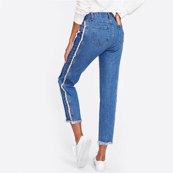 

frayed trim mid waist tapered jeans women blue casual denim cropped pants autumn zipper fly straight jeans