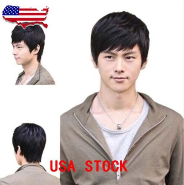 Korean Men Short Black Straight Hair Handsome Male Boys Cosplay