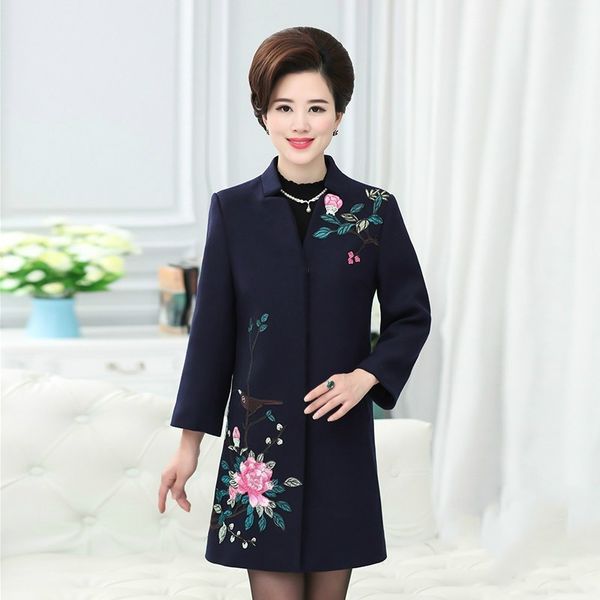 

plus size 5xl spring autumn women floral embroidery cashmere coat female woolen outerwear manteau femme abrigos mujer, Black