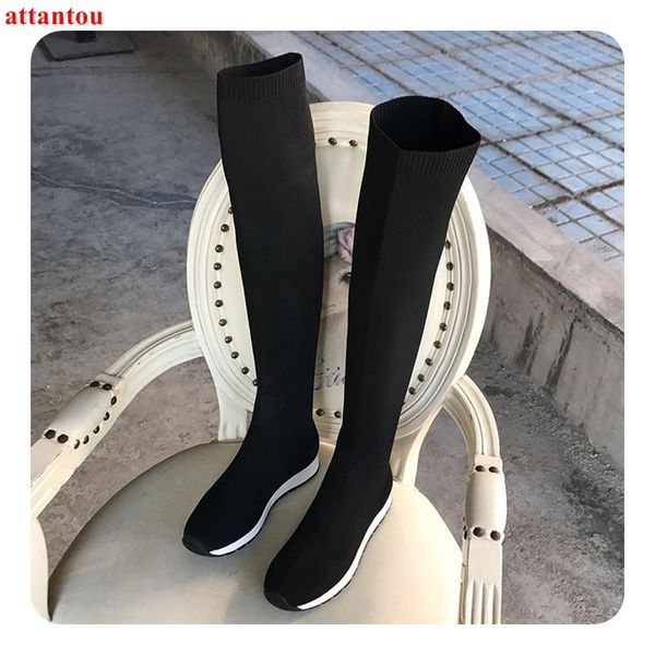 Weibliche Weiße Strickwolle Flache Von Elastische Schwarz Overknee Ferse Großhandel On Slip Kurze Frau Lange Herbstmode Stiefel 2019 Schuhe SUVzMp