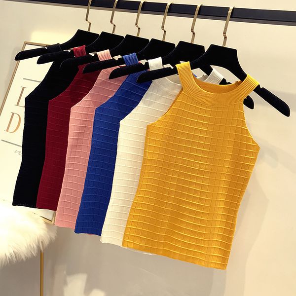 

2018 summer new female solid color halter knit shirts women's sleeveless slim elegant knitted shirt women blouses top, White