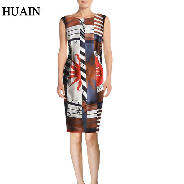 

sleeveless women pencil dress summer 2018 new o-neck fitness printed dress midi female empire knee-length office ladies clothing, Black;gray
