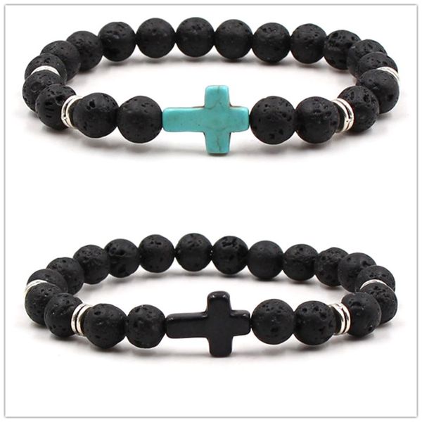 2 stili nero naturale pietra lavica croce braccialetto elastico aromaterapia olio essenziale diffusore braccialetto per uomo gioielli