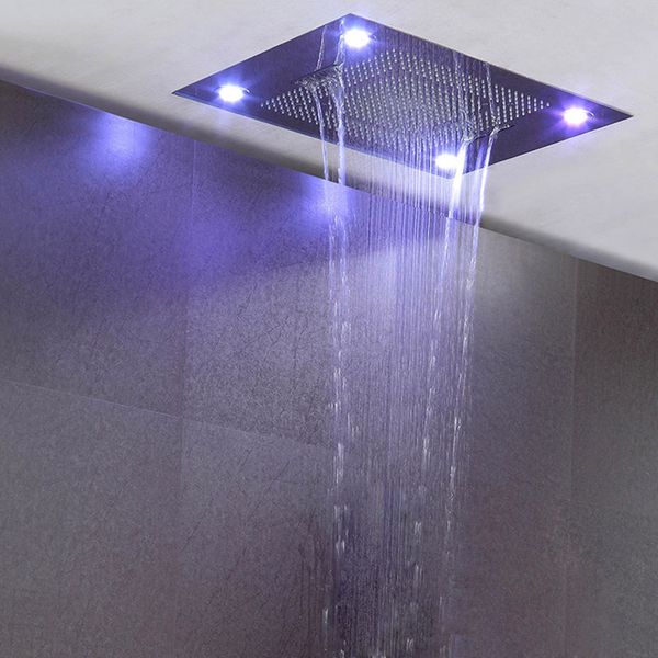 

ceiling embedded rainfall waterfall led shower head big water curtain showerhead bathroom 600*800mm 3 functions showers brushed