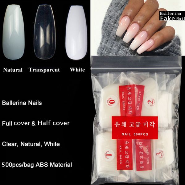 

ballerina acrylic nail tips sets coffin shape natural/clear/ diy fake nail tip salon decorated long full cover nails fake 500pcs, Red;gold