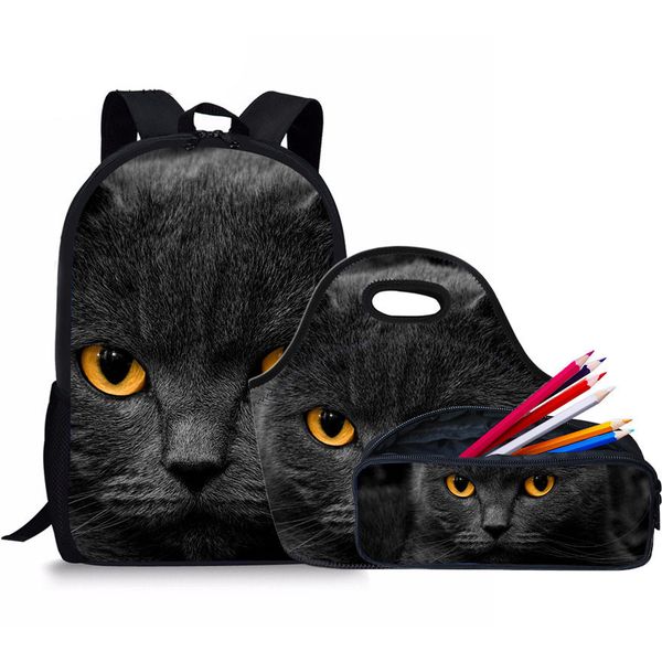 

noisydesigns 3pcs/set student schoolbag backpack school bags for teenagers boys cat printing primary bookbags pencilbox