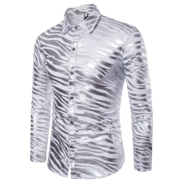 

men shirt shiny zebra striped shirt causal slim fit long sleeve mens dress shirts nightclub party prom gold bronzing streetwear, White;black
