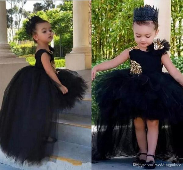 Nova chegada negra meninas concurso vestidos jóia pescoço ouro applique hi-lo tiered tulle crianças vestidos de primeira flor vestidos