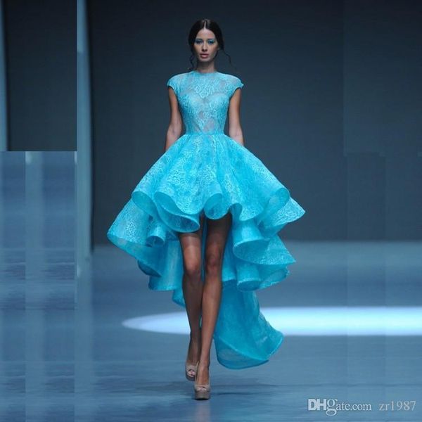 

Autumn long evening dre blue o neck cap leeve hi low evening dre e lace pleat brand new celebrity red carpet