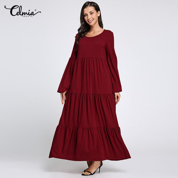 

celmia 2018 autumn women maxi dress long sleeve loose flared sleeve casual loose party ruffle dresses plus size vestidos s-5xl, White;black