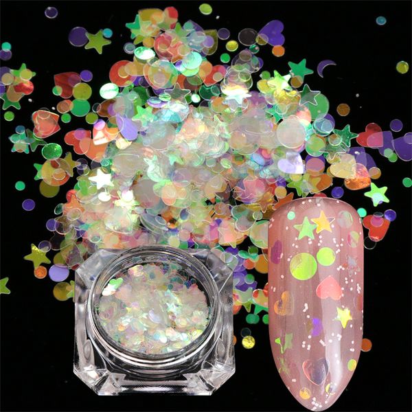 

1pcs ab nail glier flakes mix star moon heart round symphony sequins pigment nail art decor powder holographic manicure be680, Silver;gold