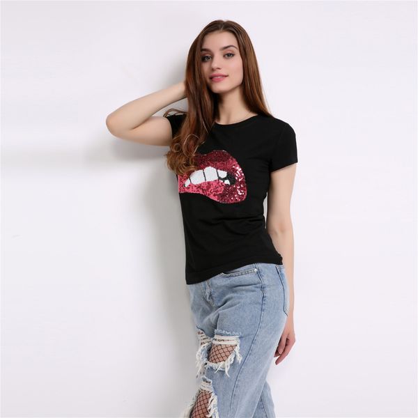 

Fashion T-Shirts For Women Summer Short Sleeve Sequin Red Lips Tshirt Ladies Fitness Harajuku T Shirt Women Top Tees Female