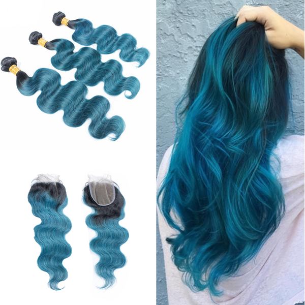2019 Ombre Color Blue Human Hair 3bundles With Closure Dark Roots