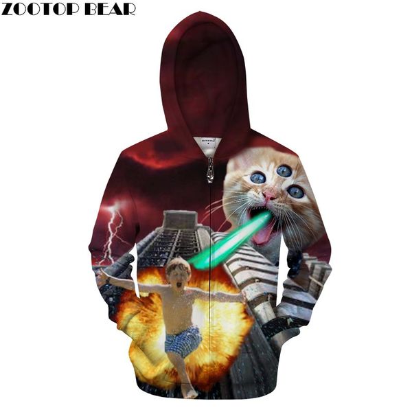 

funny 3d zip hoodies cat men women cardigan sweatshirt fashion printed hoodie casual tracksuits novelty streetwear brand, Black