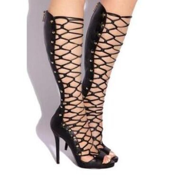 2018 Kadın Moda Tasarımcısı Burnu açık Askı Çapraz Diz Yüksek Gladyatör Boots Cut-out Uzun Yüksek Topuk Sandalet Çizmeler Elbise Ayakkabı