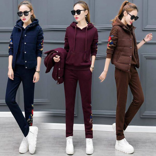 

winter fleece tracksuit sportswear for women thickness hoodies sweatshirt+pants+vest running jogging causal set sport warm suit, Black;blue