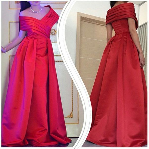

arabic ruched off the shoulder long prom dresses evening ball gowns in red satin vestidos de fiesta, Black;red