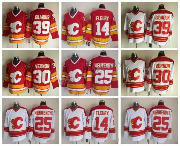 

calgary flames 14 theoren fleury jersey men 25 joe nieuwendyk 30 mike vernon 39 doug gilmour red white vintage ice hockey jereseys, Black;red