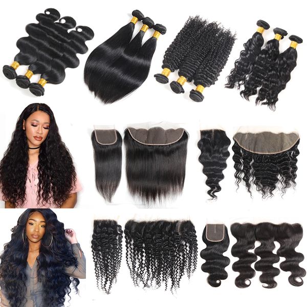 

brazilian virgin hair bundles with closures kinky straight body deep wave human hair weave with lace frontal closure hair extensions, Black;brown