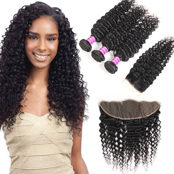 

wholesale brazilian virgin hair vendors deep wave 3 bundles with lace closure frontal indian peruvian mongolian human hair extensions wefts, Black