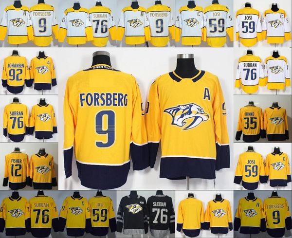

#76 PK Subban 9 Filip Forsberg 59 Roman Josi 35 Pekka Rinne 12 Mike Fisher 92 Ryan Johansen Nashville Predators ice hockey Jerseys
