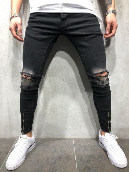 

Rap Hiphop Fashion Jeans Mens Spring Autumn Black Holes Ripped Pencil Pants Jean Trousers