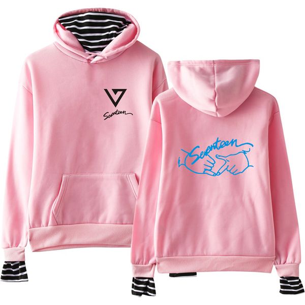 

korea seventeen17 group girls boys pullover fake two pieces hoodies women/men autumn winter hip hop kpop harajuku sweatshirts, Black