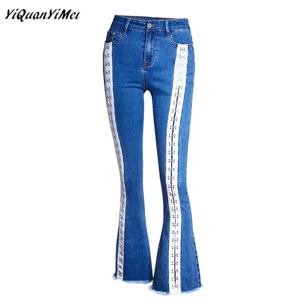 

wide leg pants flares side stripe jeans for women skinny jeans woman denim womens spliced jean pants vaqueros mujer, Blue