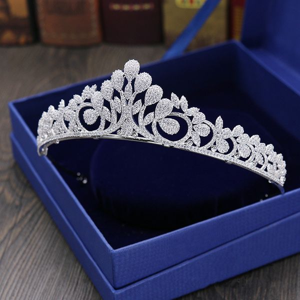 

full zircon leaf tiara copper zircon tiaras micro pave cz bride crown wedding hair jewelry diadem mariage bijoux coroa wigo1042, Slivery;golden