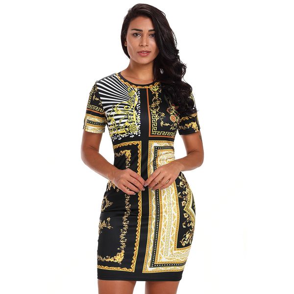 

женская новая ретро печать, шею, короткий рукав, slim fit и хип мини-платье, White;black